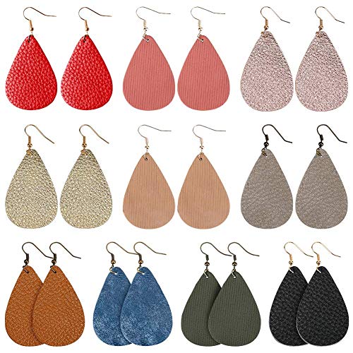 Genuine Leather Earrings Teardrop Leaf- Handmade Lightweight Dangle Antique Looking Petal Summer Earrings Set for Women Girls,Gold/Yellow/Silver/Red