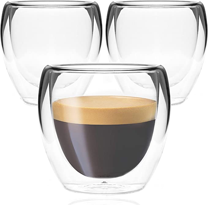 Youngever 3 Pack 150ml Espresso Cups, Double Wall Thermo Insulated Espresso Cups, Glass Coffee Cups, 5 Ounce (Tall)