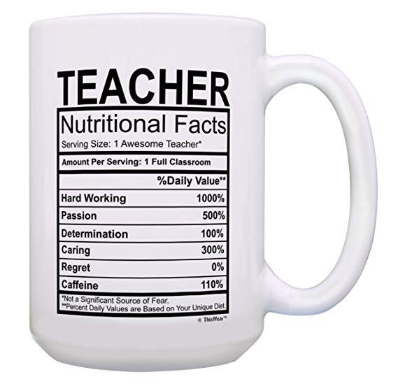 Teacher Appreciation Gifts for Women Teacher Nutritional Facts Teacher Appreciation Gift Gift 15-oz Coffee Mug Tea Cup 15 oz White
