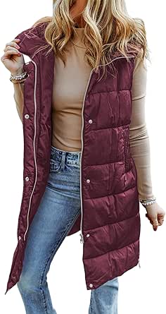 EVALESS Womens Long Puffer Vest Quilted Hooded Sleeveless Zip Up Down Jacket Winter Warm Lightweight Gilet Coat Outerwear