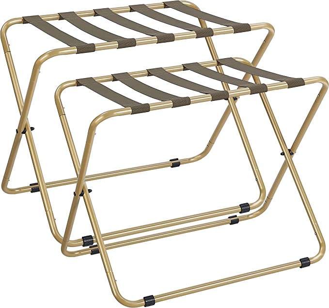 ELYKEN 2 Pack Folding Luggage Rack for Guest Room, Heavy Duty 110LBS Load Bearing Metal Suitcase Stand, 28.37”L x 17.7”W Wider Surface with Nylon Strap, Gold