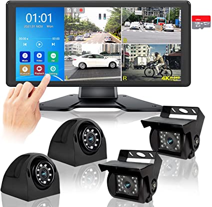 4K Backup Camera System with 10.36’’ Monitor for RV Truck Trailer with Rear Side View 4 AHD Camera Quard Split Touch Screen DVR Recording IP69 Waterproof Bluetooth Music Video Playback Avoid Blind