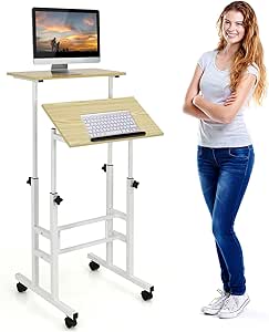 COSTWAY Mobile Standing Desk, Height Adjustable Rolling Laptop Cart w/Tilting Desktop for Standing or Sitting, Lockable Casters, Home Office Computer Workstation for Small Spaces (Natural)