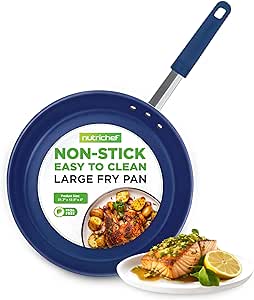 NutriChef f 12" Large Fry Pan - Large Skillet Nonstick Frying Pan with Silicone Handle, Ceramic Coating, Blue Silicone Handle, Stain-Resistant, And Easy To Clean, Professional Home Cookware