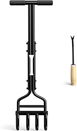 EEIEER Lawn Coring Aerator Tool, Manual Plug Core Aerators & Clean Tool, Yard Aeration Tools with 4 Hollow Slots for Compacted Soils & Garden Lawns, 36’’ x 11.4’’ Black