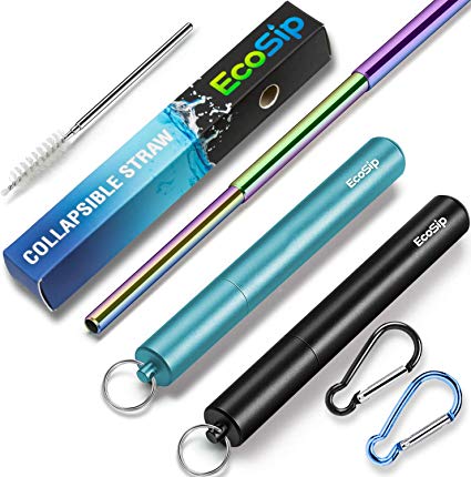 2 Pack EcoSip Collapsible Telescopic | Straw Metal Stainless Steel Reusable | Final Eco Folding Drinking Straws | Cleaning Brush Key Ring Hard Case | Silicone Tip | 2019 | (Black Sky Rainbow 2 Pack)