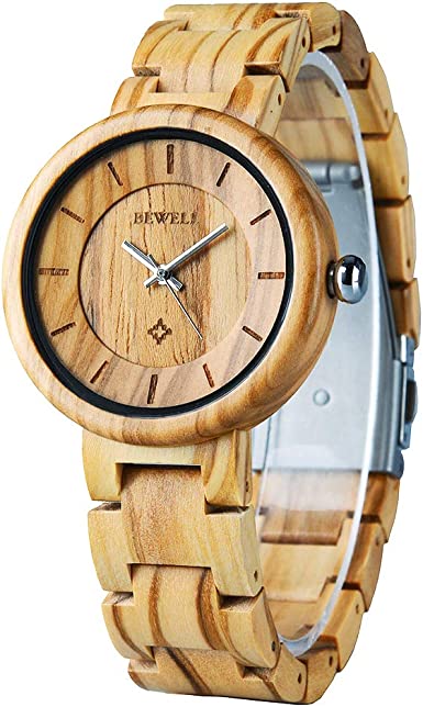 BEWELL Wood Watches for Women, Wooden Handmade Watch with Lightweight Adjustable Wood Band, Natural Casual Fashion Quartz Wristwatch