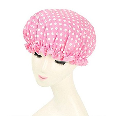 Shintop Waterproof Shower Cap Adult Resizable Double Layer Environmental Bath Hat Chiffon EVA Pink Dot (Pink)