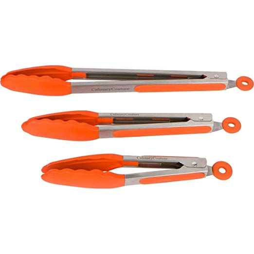 AINAAN Three-Piece Kitchen Tongs- Stainless Steel Silicone BBQ（2019）, 7, 9, 12 Inch, Orange