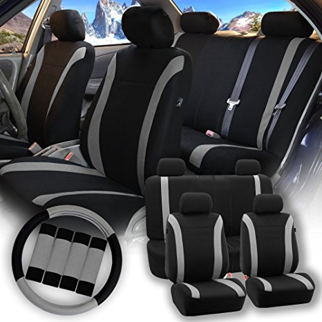 FH GROUP Stylish Cloth (Airbag & Split Ready) Full Set Car Seat Covers Combo-FH2033 Steering Wheel & Seat Belt Pads, Gray / Black- Fit Most Car, Truck, Suv, or Van