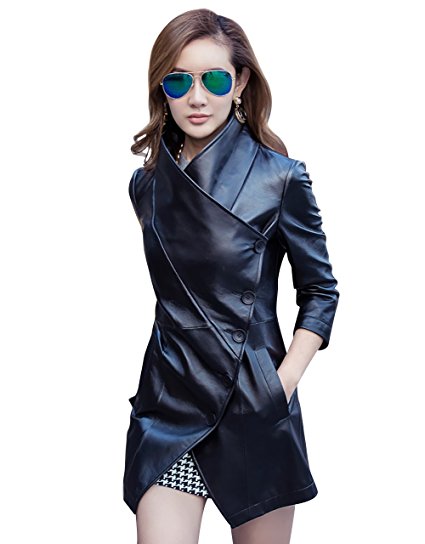 Womens 3/4 Sleeves Faux Leather Biker Moto Jacket Slim Asymmetric Bomber Jacket