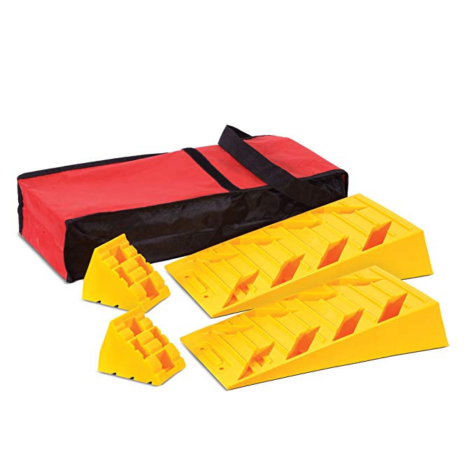 Approved for Automotive Dual Axle Leveling Ramps, Interlocking Wheel Chocks & Bag Kit for RV, Fifth Wheel or Camper