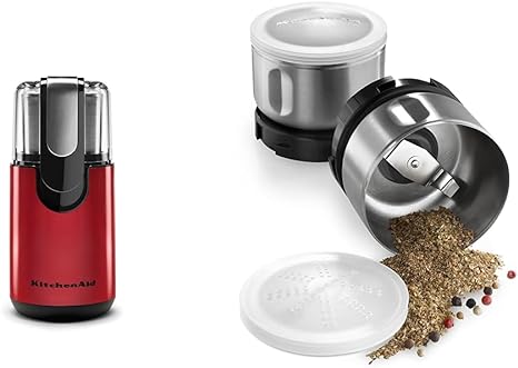 KitchenAid BCG111ER Blade Coffee Grinder - Empire Red, 4 oz & Bcgsga Spice Grinder Accessory Kit, Stainless Steel 2 oz, Silver