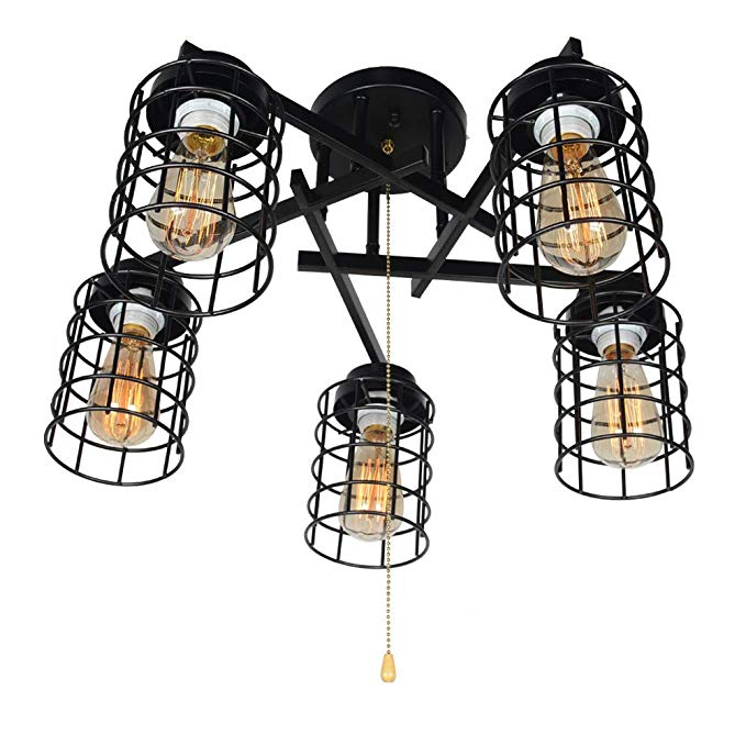 Baiwaiz Industrial Semi Flush Mount Ceiling Light with Pull Chain, Black Metal Wire Cage Ceiling Light Fixture Pull String Light 5 Lights Edison E26 084