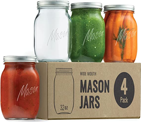 Wide-Mouth Glass Mason Jars, 32-Ounce (4-Pack) Glass Canning Jars with Silver Metal Airtight Lids and Bands with Chalkboard Labels, for Canning, Preserving, Meal Prep, Overnight Oats, Jam, Jelly,