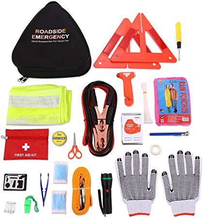 24 in 1 Roadside Assistance Auto Emergency Kit, Multifunctional Breakdown Tool Kits First aid kit (Triangle Bag - Contains Jumper Cables, Tools, Reflective Safety Triangle and Safety Hammer etc)