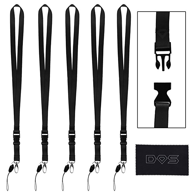 5 Pack of Neck Lanyards with Detachable Buckle, Enhanced Model Hook and Quick Release Tether - Ideal for ID Badges, Keys, Cell Phones, USB Sticks, Whistles, etc. - Strong Nylon (5 Pack, Black)