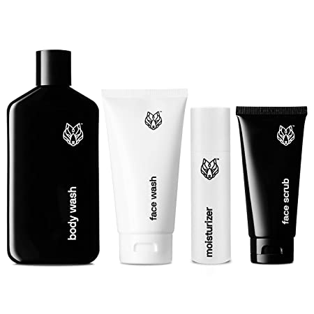 Black Wolf Shower Bundle for Dry Skin- 4pc Bundle- Charcoal Body Wash, Charcoal Powder Face Wash, Moisturizer, Face Scrub- Charcoal Powder & Salicylic Acid Reduce Acne Breakouts & Cleanse Your Skin