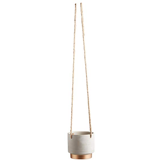 Rivet Modern Stoneware Hanging Planter with Rope, 5.5"H, Grey with Electroplated Gold Finish