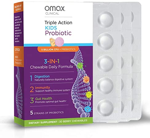 Omax Kids Synbiotic Probiotic   Prebiotic, Natural Berry Flavor Chewables, 5 Billion CFU, 5 Strains, Sugar Free, Dairy Free, Vegan, Gluten Free, Soy Free | 30 Berry Chewables