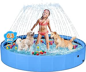 Dog Pool with Sprinkler, Large 2-in-1 Foldable Dog Pool for Large Dogs Non-Slip Kiddie Pool Hard Plastic for Outdoor Backyard (63"x12")