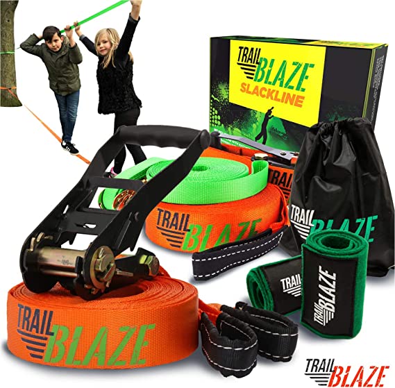 Strongest Quality Slackline with Training Line   Tree Protectors | Complete Slackline Kit Ideal for Family Outdoor Healthy Fun | Easy Setup 50 ft Slack Lines (Slackline with Training Line)