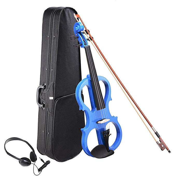 AW 4/4 Electric Violin Full Size Wood Silent Fiddle Stringed Instrument Bow Headphone Case Blue