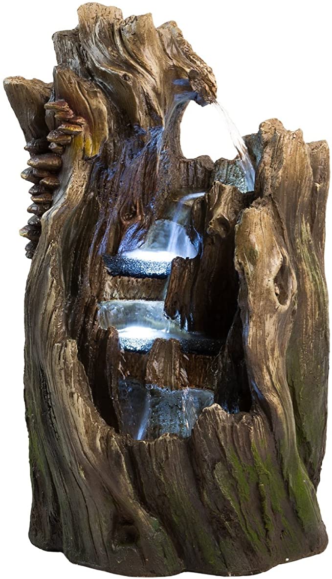 22" Walnut Log Indoor/Outdoor Garden Fountain: Tiered Outdoor Water Feature for Gardens & Patios. Original Hand-Crafted Design w/ LED Lights.
