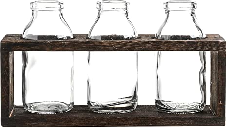 Whole Housewares Glass Bud Bottles Vase Set with Wood Crate Stand (8.3X2.8X4.5in)