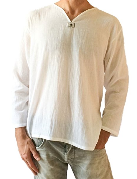 Men's White T-shirt 100% Cotton Hippie Shirt V-neck Beach Yoga Top