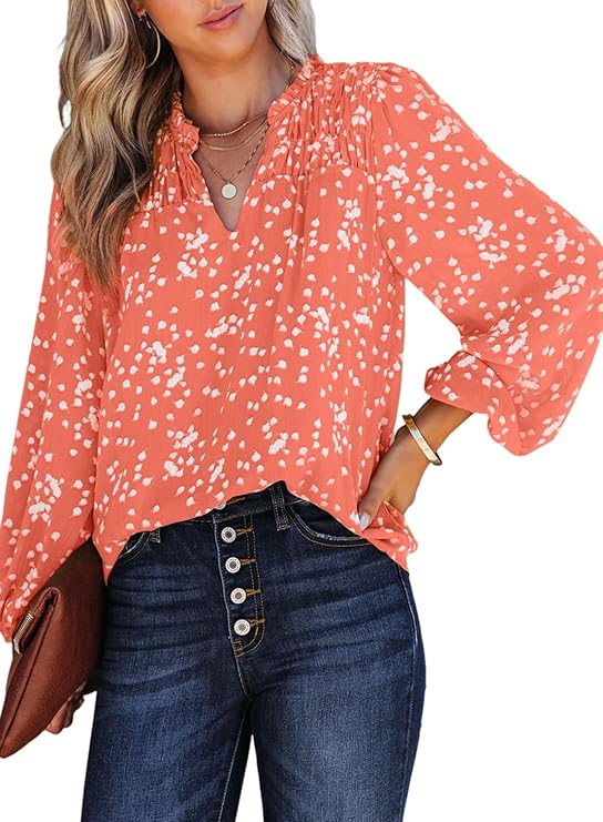 Dokotoo Women's Casual V Neck Alicia Floral Print Smocked Long Sleeve Chiffon Blouses Bohemian Top Shirts