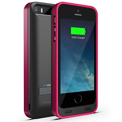 iPhone 5 Battery Case , Maxboost Atomic S iPhone Charger For Apple iPhone 5 / iPhone 5s [APPLE MFI Certified] Protective 2400mAh Battery Pack Juice Power Case with Built-in Kickstand - Black/Pink