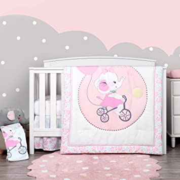 TILLYOU Luxury 4 Pieces Elephant Crib Bedding Set (Embroidered Comforter, Crib Sheets, Crib Skirt) - Microfiber Printed Nursery Bedding Set for Girls