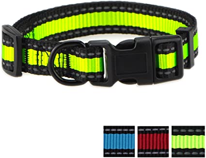 Mile High Life Dog Collar | Reflective Stripe with Nylon Band | RED Blue Green(Lime Green/Black Medium Neck 13"-17" -40 lb)