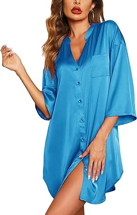 Ekouaer Satin Nightgowns for Women Silk Sleepwear Button Down Sleepshirt 3/4 Sleeve V-Neck Nightshirts with Pockets