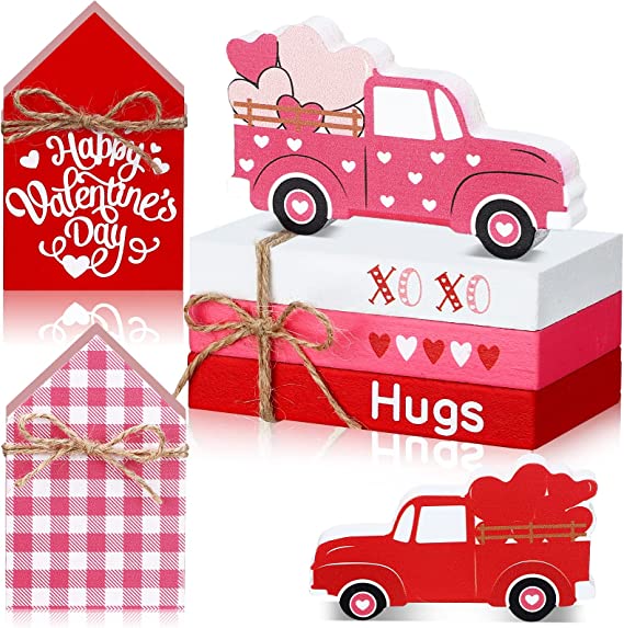 5 Pieces Valentine's Day Tiered Tray Decorations 3 Faux Books Bundle with Twine Red Truck and Valentine House Sign Valentine Truck Sign Valentine's Day Table Decor for Bookshelf Table (Heart)