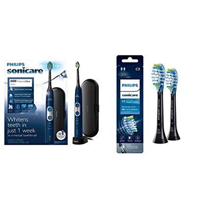 Philips Sonicare Protective Clean 6100 Navy Blue and 2 pack Premium Plaque Control Brush Head Bundle