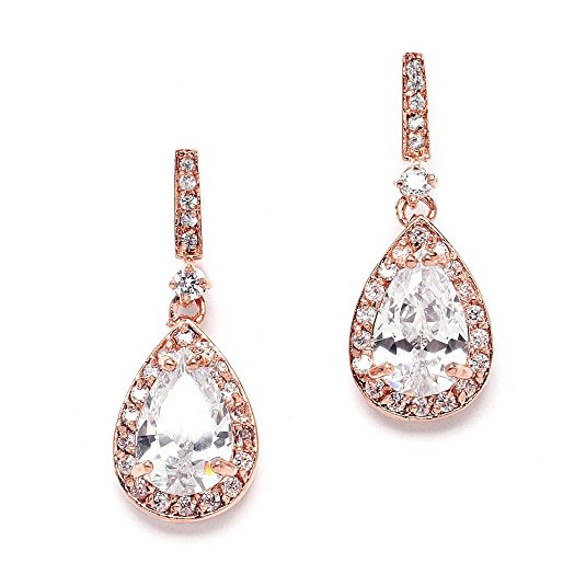 Mariell 14K Rose Gold Plated Cubic Zirconia Bridal Earrings with Pear Shape Drops - Our #1 Small Dangles