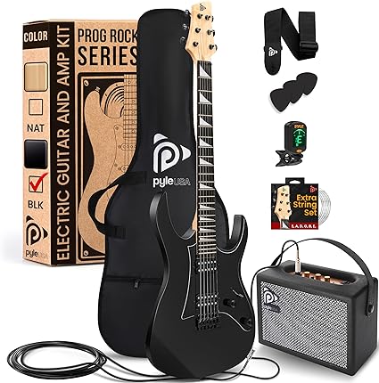 Pyle Prog Rock EG Series Electric Guitar with Amp Kit, 39" Full Size with Dual Humbucker Pickups, Low Profile Neck and Solid Paulownia Body, Premium Accessory Kit Included (Black Matte)