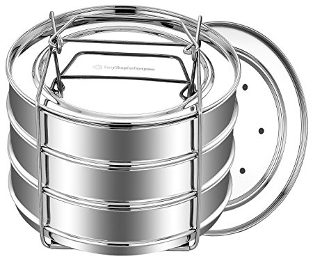 EasyShopForEveryone Stackable Stainless Steel Steamer Insert Pans, Pressure Cooker or Instant Pot in Pot Accessories for 6, 8 Qt - Steaming, Baking, Reheating, Lasagna Pans - COOK 3 DISH AT A TIME.