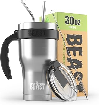 BEAST 30 oz Stainless Steel Set with Handle - Stainless Steel Coffee Cup   2 Straws Brush, Gift Box & Black Handle