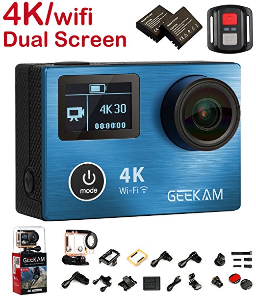 4K 30Fps Action Cam Sport Camera with Remote Built in Wifi Waterproof Dual Screen Camcorder with HDMI 170 Degree Wide Angle and Tons of Accessories Action Camera for Bike Helmet Drones Body Mounted