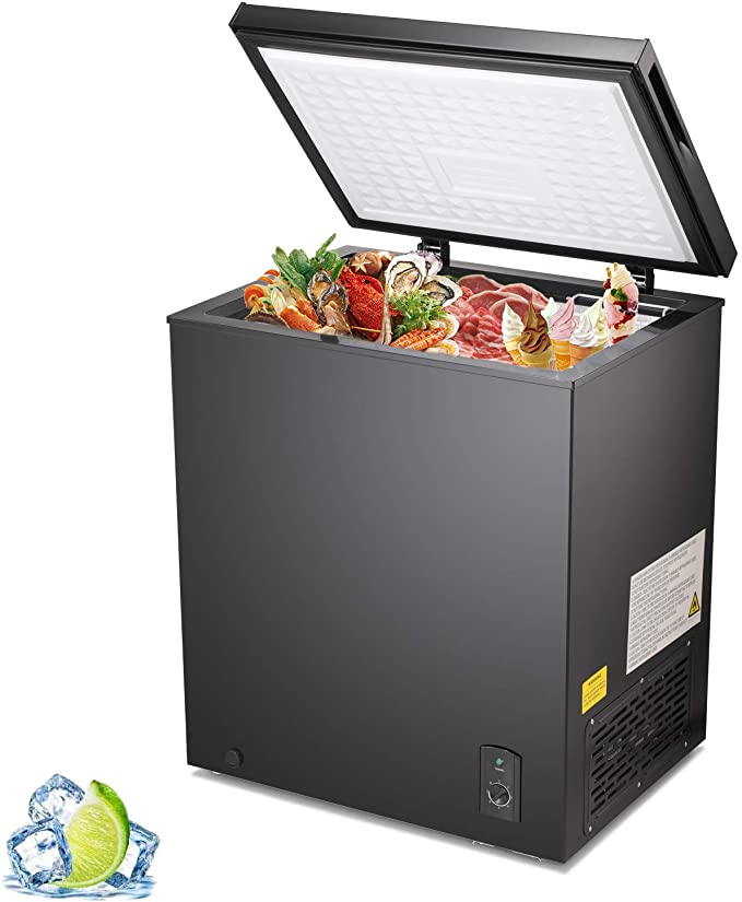 R.W.Flame Chest Freezer 5.1 Cubic Feet, Deep Freezer,Removable Basket,Adjustable Temperature,Energy Saving,Top open Door Compact Freezer,Black