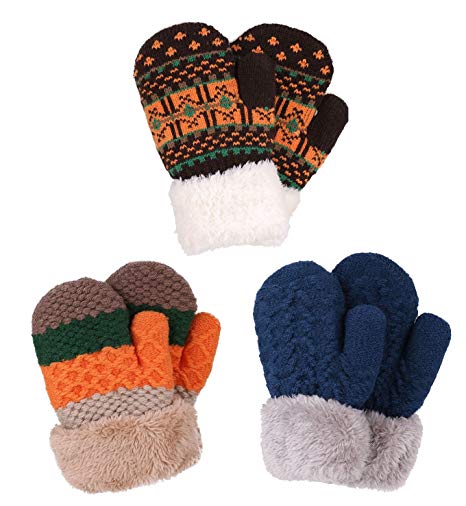 Arctic Paw 3 Pairs Kids' Sherpa Lined Knit Mittens Boys Girls Winter Gloves