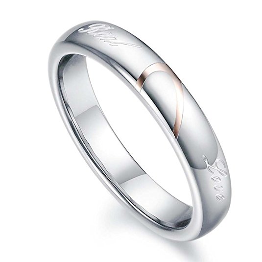Mens Womens Heart Titanium Steel Promise Ring "Real Love" Couples Wedding Band Rings for Him and Her
