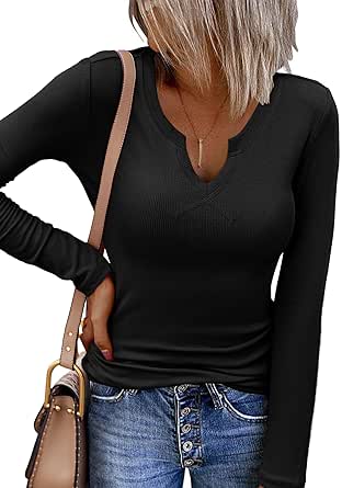 Zeagoo Womens Long Sleeve T Shirts V-Neck Slim Fitted Knit Top Stretch Ribbed Basic Tee Casual Y2k Shirt 2024