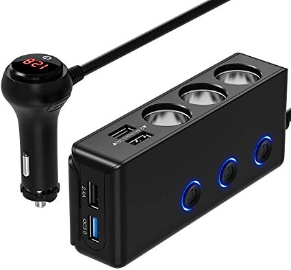 [Quick Charge 3.0] 3-Socket Cigarette Lighter Adapter, 120W 12V/24V Car Power DC Outlet Splitter with 8.5A 4 USB Charging Ports Car Charger (Black)