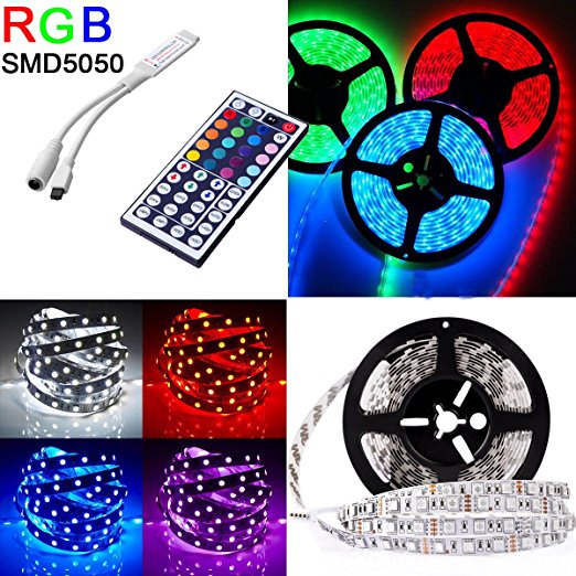 MARSWELL 5M SMD5050 300LEDs RGB LED Strip Light   44key IR Remote Controller Decoration for Room Shopping Mall Coffee Bar Party Holiday Wedding (Non-waterproof, RGB LED Strip Light 44Key Controller)