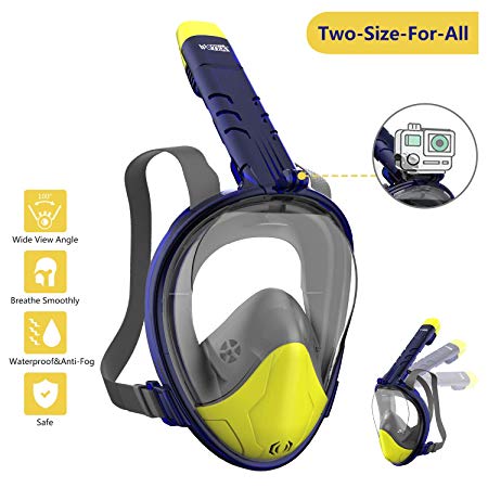 WOTEK Newest Version Full Face Snorkel Mask Diving Mask Easy Breathing Foldable Snorkeling Masks for Kids and Adult Snorkel Mask Full face with wide degree field of View Anti-Fog Anti-Leak