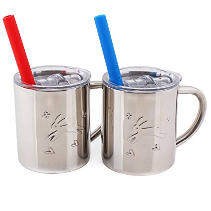 Housavvy Rabbit Stainless Steel Kids Cups with Lids and Straws, 2 PACK (7.5 Oz)